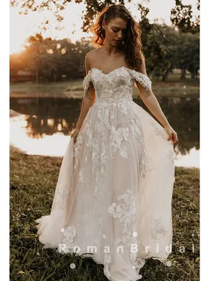 Elegant A-Line Off The Shoulder Tulle Long Wedding Dresses With Lace,RBWD0019