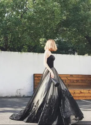 Elegant Black Tulle with Lace Applique Long Formal Gown , Black Party Gowns