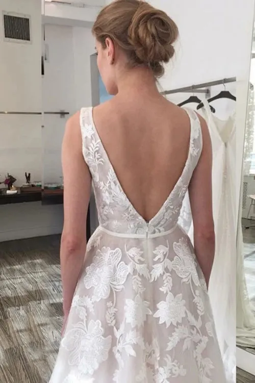 Elegant Ivory Backless A-Line V-Neck Appliques Wedding Dress with Sweep Train, SW305