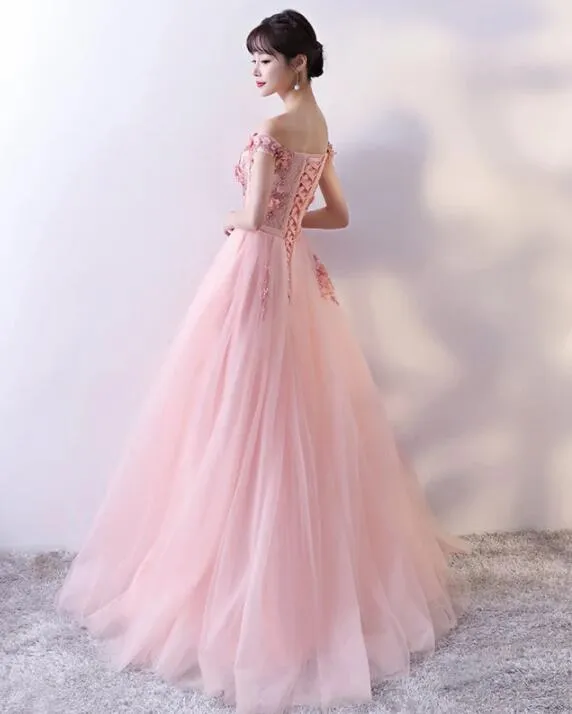 Elegant Pink Flower Lace Applique Long Tulle Prom Dress, Pink Party Gown