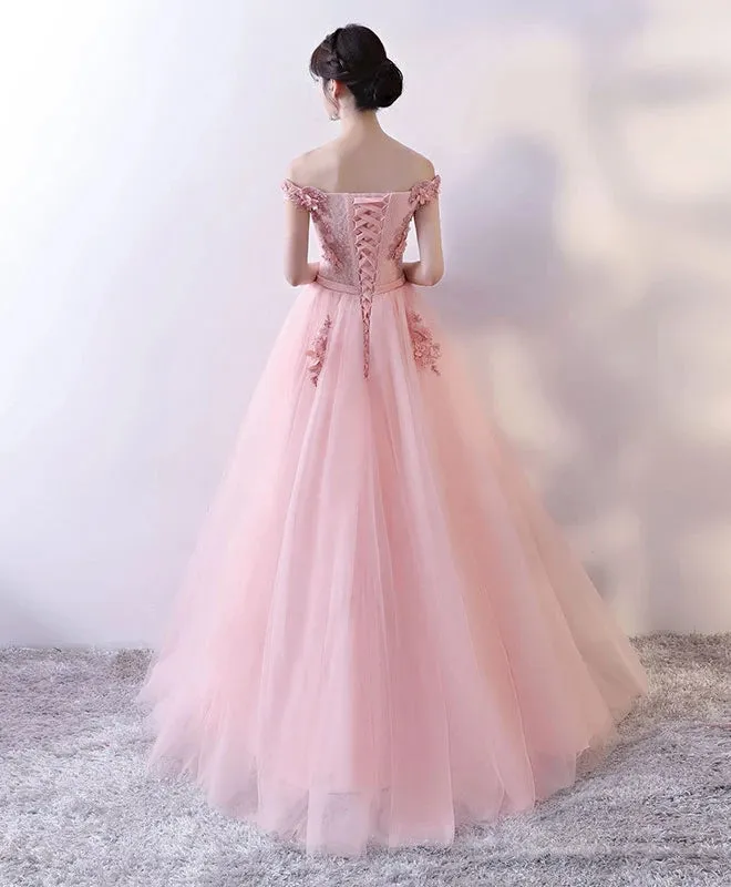 Elegant Pink Flower Lace Applique Long Tulle Prom Dress, Pink Party Gown