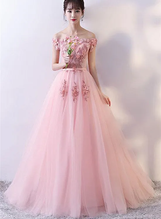 Elegant Pink Flower Lace Applique Long Tulle Prom Dress, Pink Party Gown