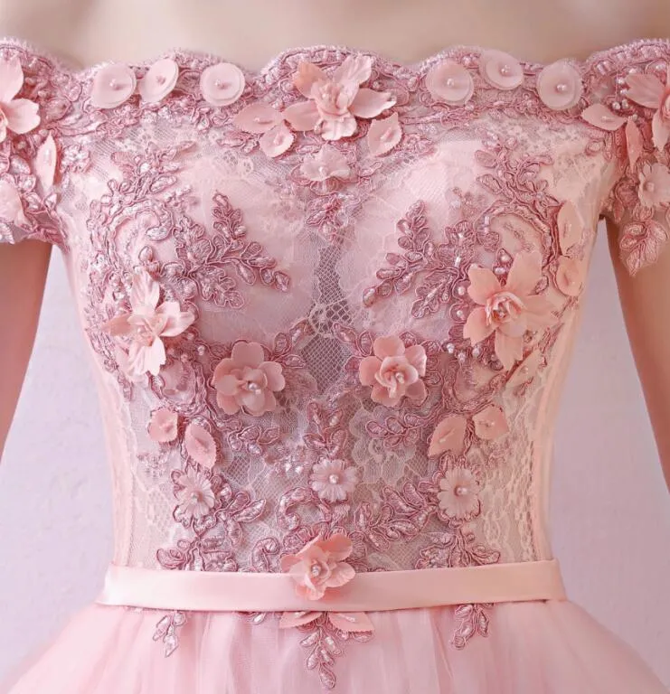 Elegant Pink Flower Lace Applique Long Tulle Prom Dress, Pink Party Gown