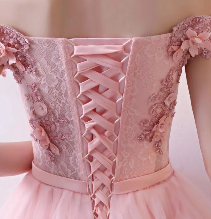 Elegant Pink Flower Lace Applique Long Tulle Prom Dress, Pink Party Gown