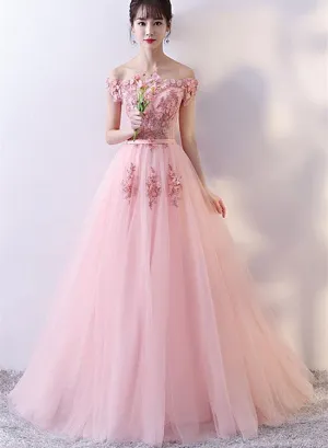 Elegant Pink Flower Lace Applique Long Tulle Prom Dress, Pink Party Gown