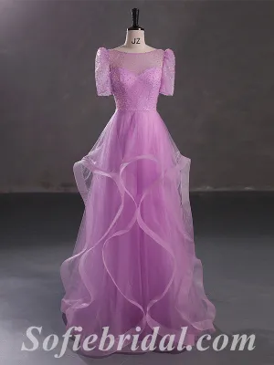 Elegant Sequin Top Tulle Bottom Beading Lace Up Back A-Line Long Prom Dresses,SFPD0348