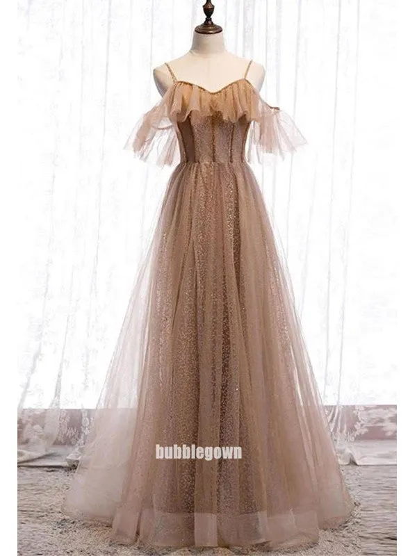 Elegant Spaghetti Strap Tulle Long Prom Dresses FP1214