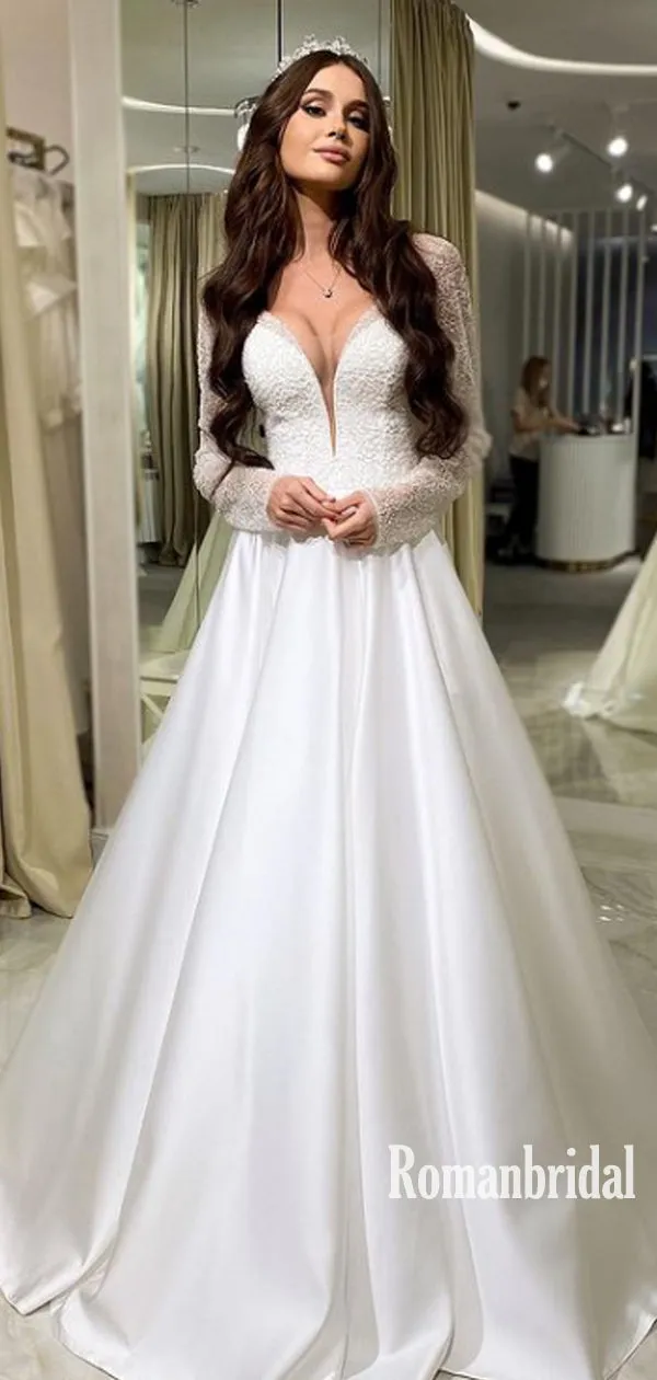 Elegant V-neck Satin A-line Cheap Long Wedding Dresses Online,RBWD0028