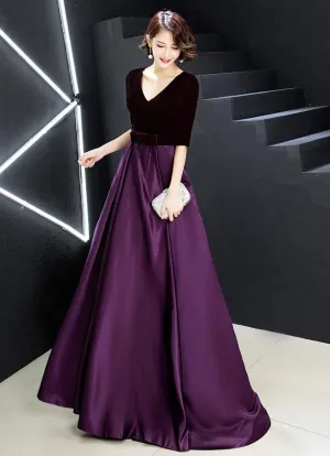 Elegant V-neckline Velvet Top Long Bridesmaid Dresses, A-line Short Sleeves Prom Dresses
