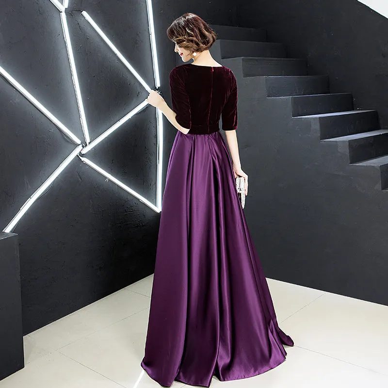 Elegant V-neckline Velvet Top Long Bridesmaid Dresses, A-line Short Sleeves Prom Dresses
