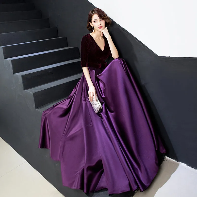 Elegant V-neckline Velvet Top Long Bridesmaid Dresses, A-line Short Sleeves Prom Dresses