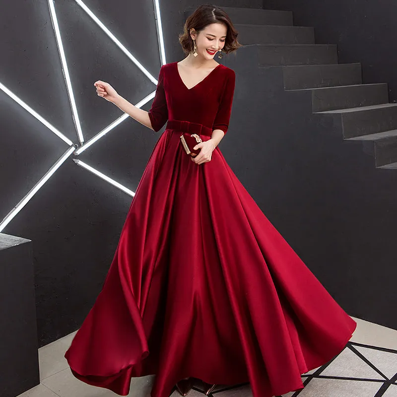 Elegant V-neckline Velvet Top Long Bridesmaid Dresses, A-line Short Sleeves Prom Dresses