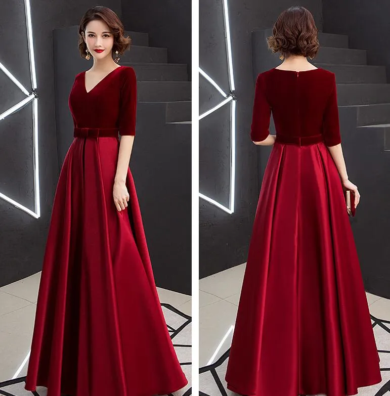 Elegant V-neckline Velvet Top Long Bridesmaid Dresses, A-line Short Sleeves Prom Dresses