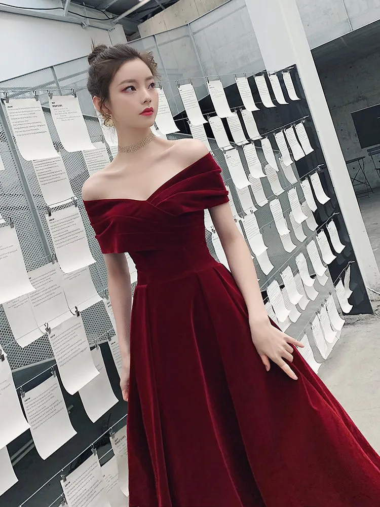 Elegant Velvet Burgundy Long Party Dress, A-line Evening Gown