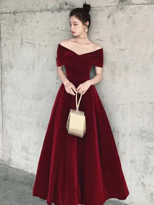 Elegant Velvet Burgundy Long Party Dress, A-line Evening Gown