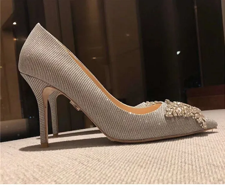 Elegant Wedding Shoe Summer New Style Pointed Toe High Heels Evening Jewel Pumps Women Crystal Stiletto Slip-On Thin Heel