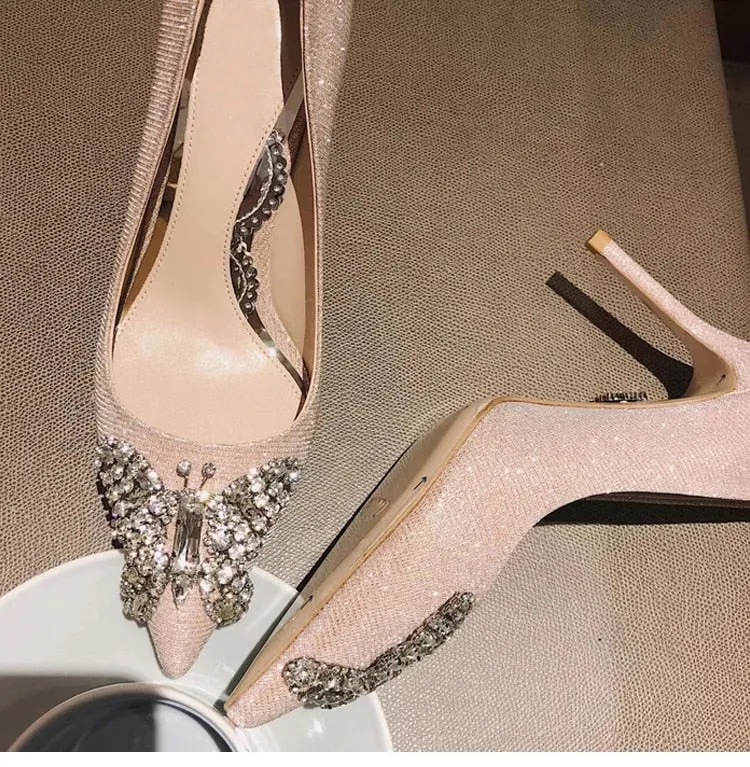 Elegant Wedding Shoe Summer New Style Pointed Toe High Heels Evening Jewel Pumps Women Crystal Stiletto Slip-On Thin Heel