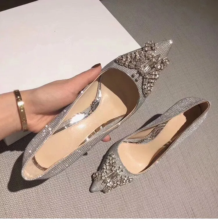 Elegant Wedding Shoe Summer New Style Pointed Toe High Heels Evening Jewel Pumps Women Crystal Stiletto Slip-On Thin Heel