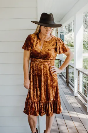 Fall Feel Crushed Velvet Midi Dress - Rust