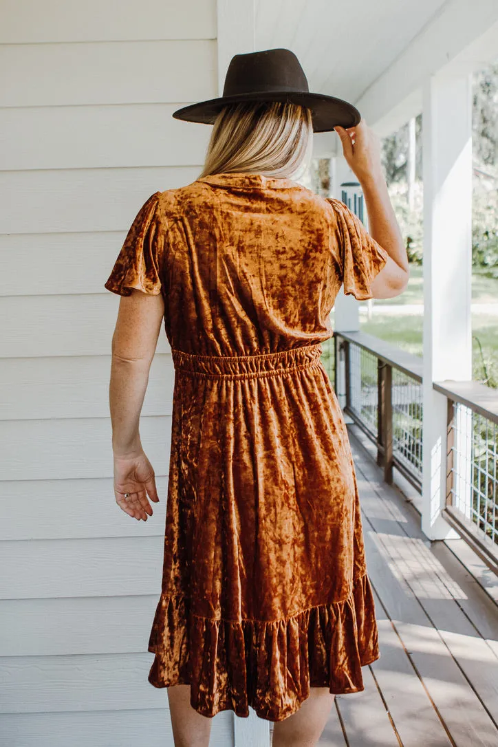 Fall Feel Crushed Velvet Midi Dress - Rust