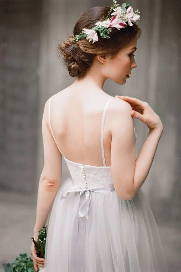 Floor-length Spaghetti Straps Lace Top Tulle Cheap Simple Wedding Dresses, WD0369