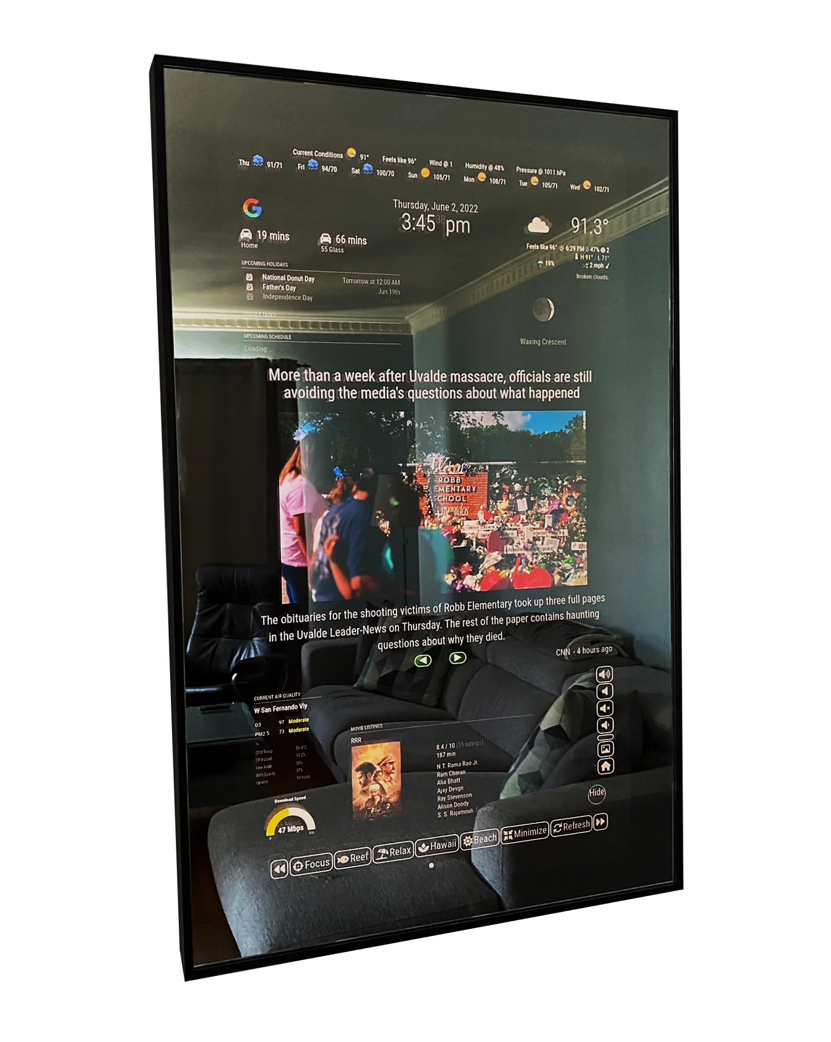 Framed Google Assistant Smart Mirror - 32" Samsung 4K QLED in 19"X30"X2" Satin Black Aluminum Frame
