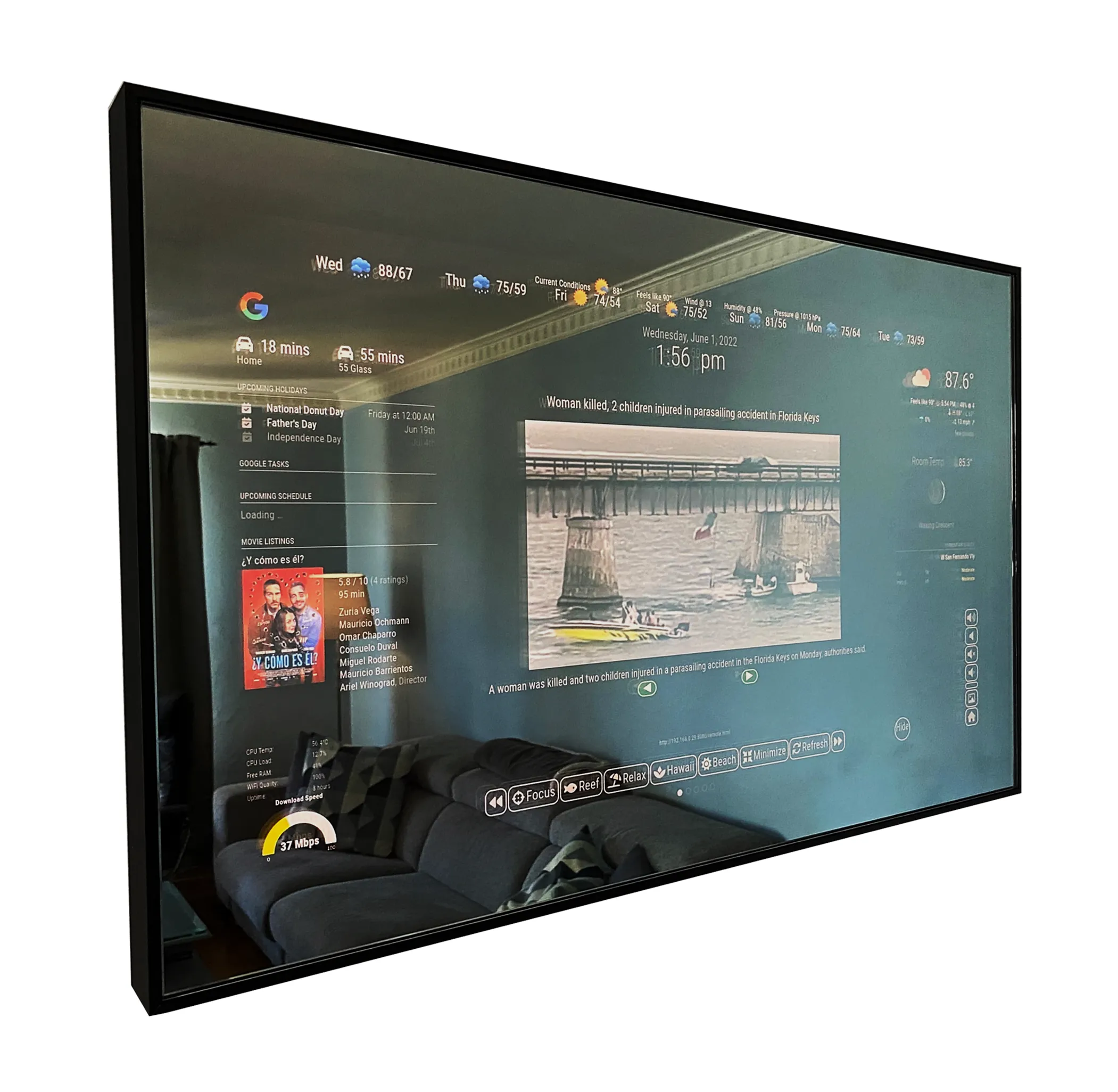 Framed Google Assistant Smart Mirror - 32" Samsung 4K QLED in 19"X30"X2" Satin Black Aluminum Frame