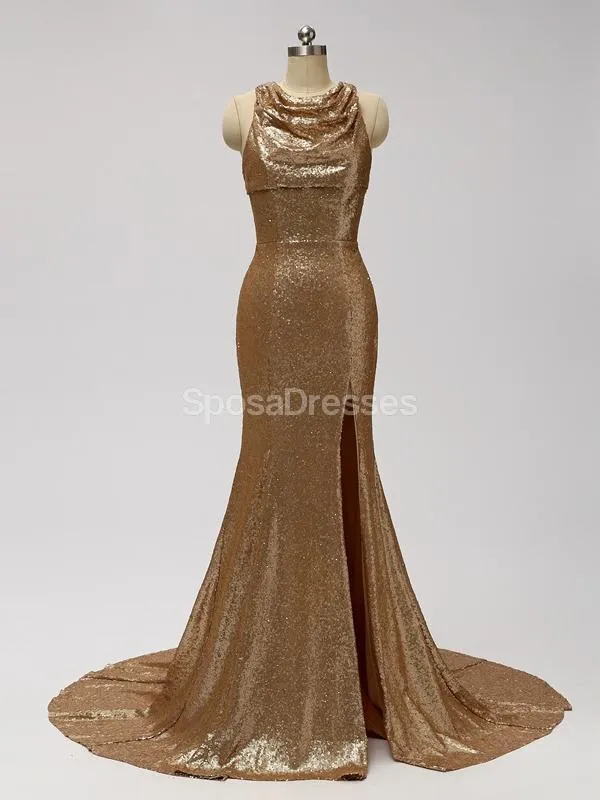Gold Sequin See Through Halter Mermaid Long  Bridesmaid Dresses Online, WG598