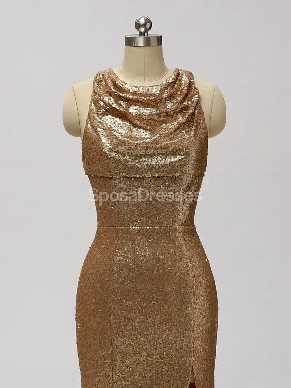 Gold Sequin See Through Halter Mermaid Long  Bridesmaid Dresses Online, WG598