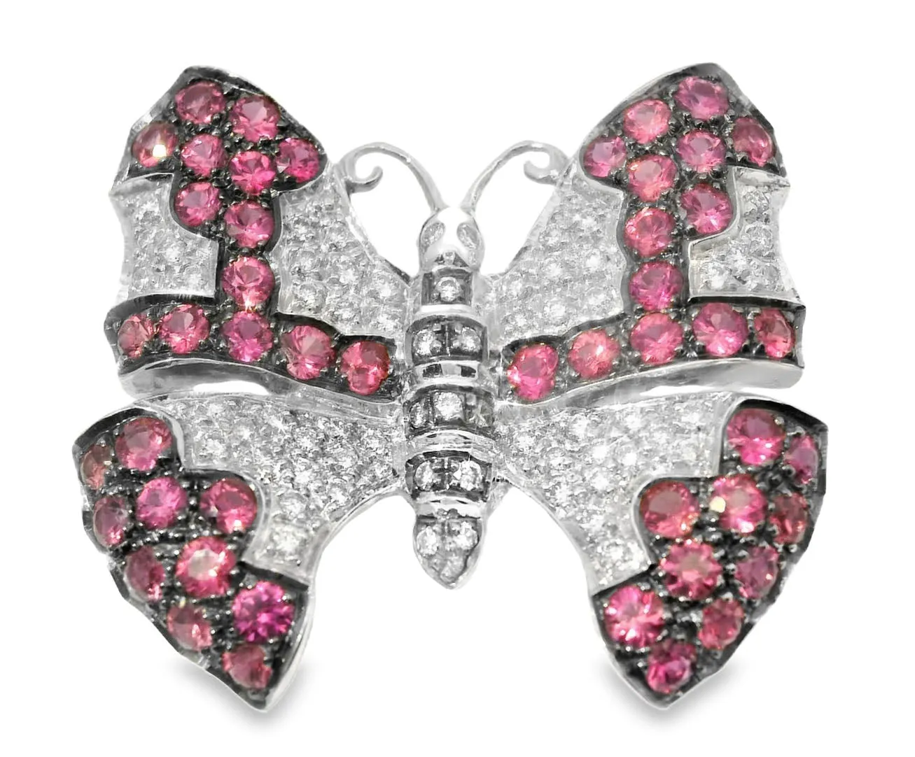 Gorgeous Estate 18K White Gold Ruby Pave Diamond Butterfly Brooch Pin