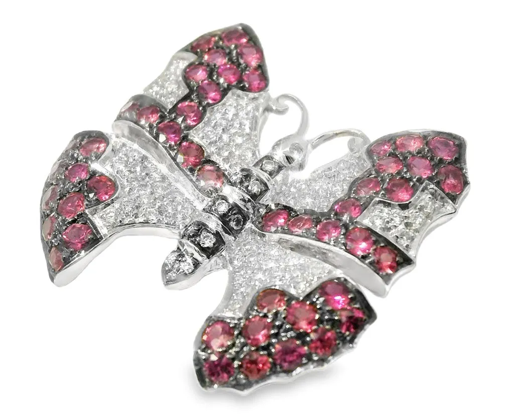 Gorgeous Estate 18K White Gold Ruby Pave Diamond Butterfly Brooch Pin