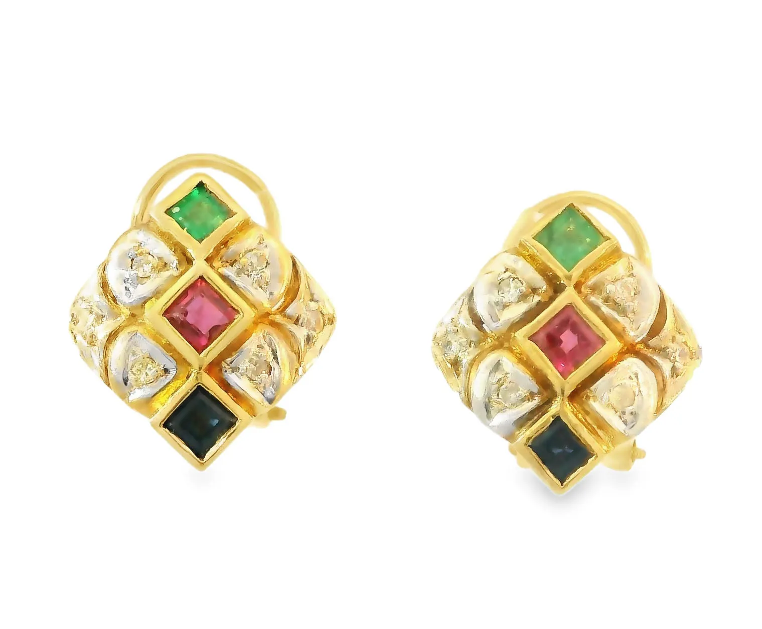 Gorgeous Estate 18K Yellow Gold Ruby Emerald Sapphire Diamond Earrings