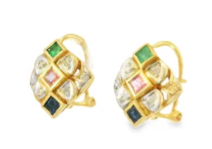 Gorgeous Estate 18K Yellow Gold Ruby Emerald Sapphire Diamond Earrings