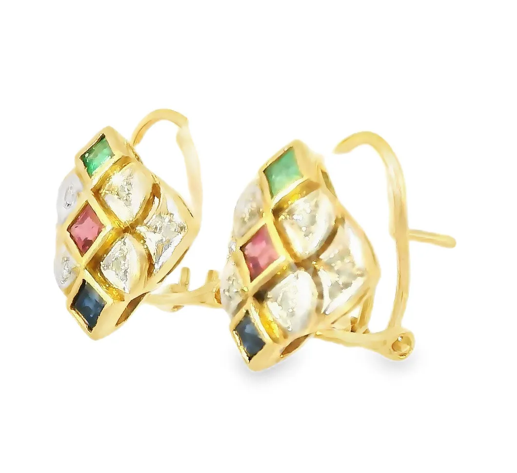 Gorgeous Estate 18K Yellow Gold Ruby Emerald Sapphire Diamond Earrings