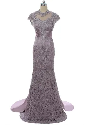 Gorgeous Lace  Mother Of The Bride Dresses Cap Sleeves Lace Beaded Wedding Party Dress, Lace Evening Dress