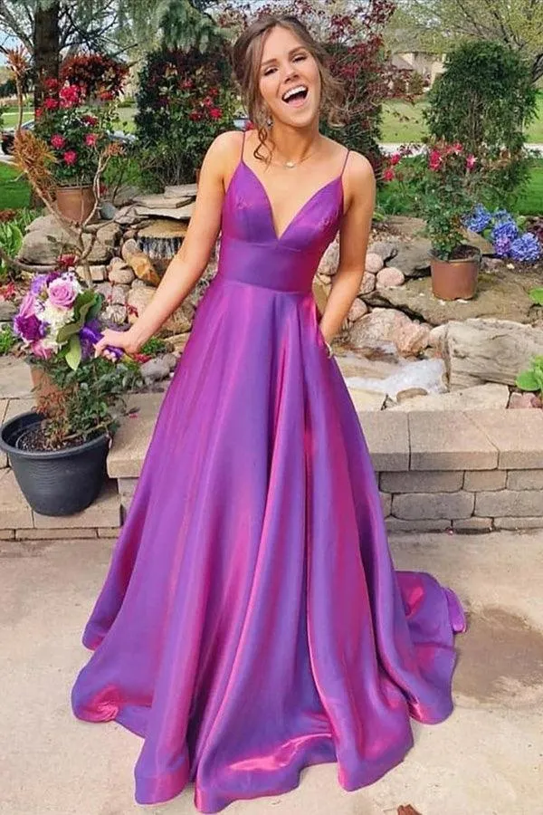 Grape Spaghetti Straps Satin Long Prom Dress With Pockets TP1075