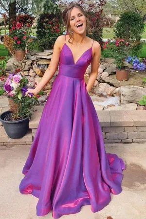 Grape Spaghetti Straps Satin Long Prom Dress With Pockets TP1075