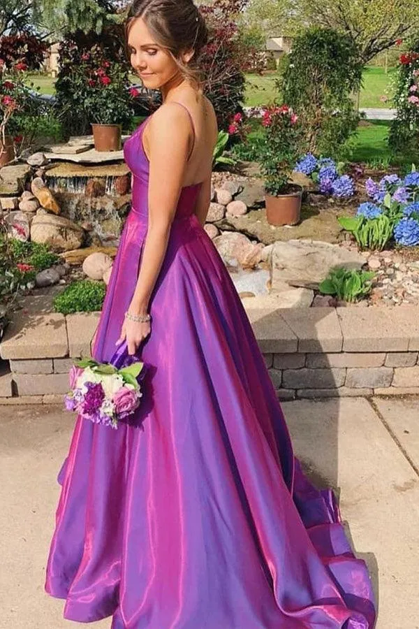 Grape Spaghetti Straps Satin Long Prom Dress With Pockets TP1075