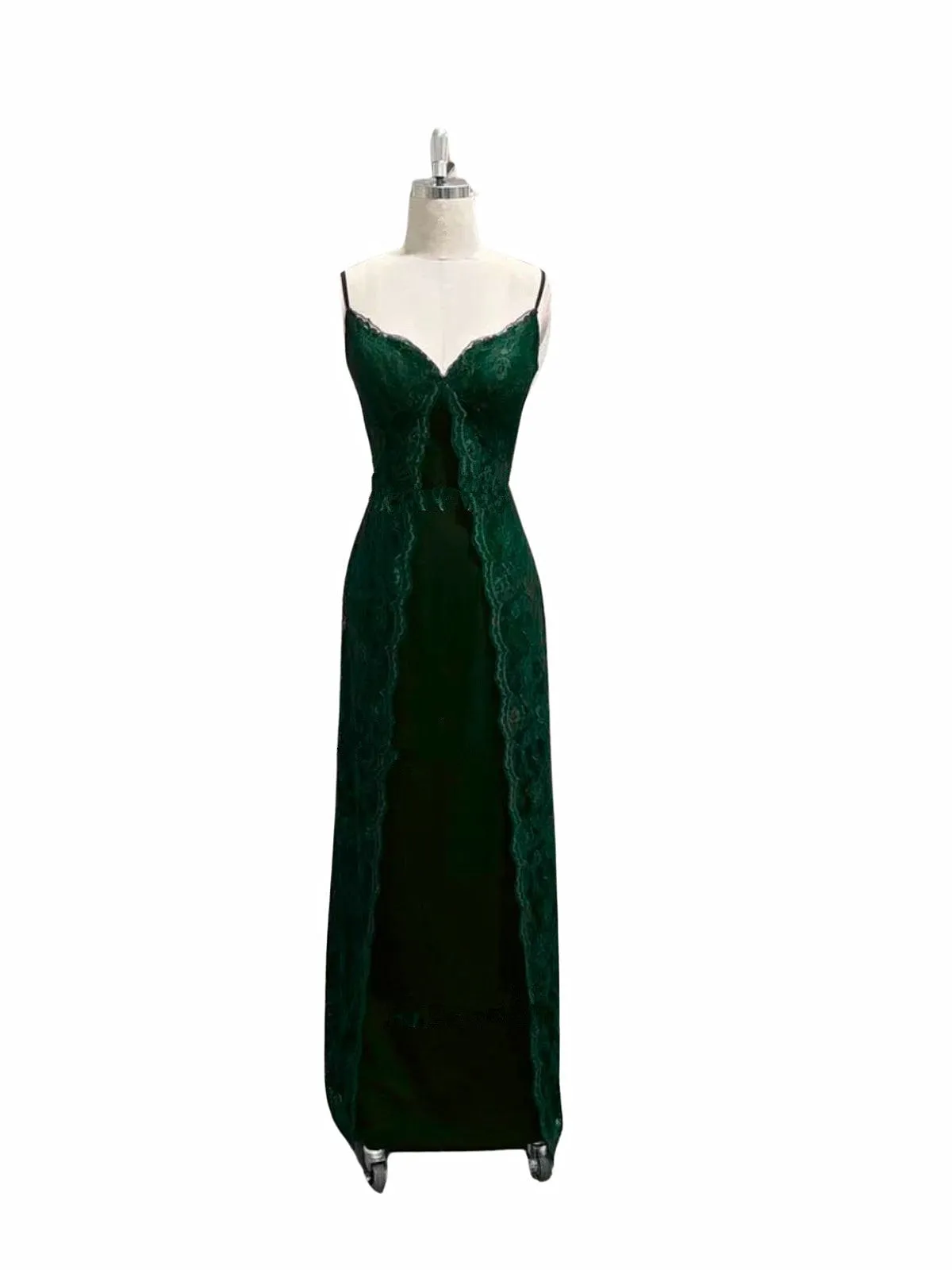 Green Lace V-neckline Lace Straps Long Prom Dress, Green Lace Party Dress