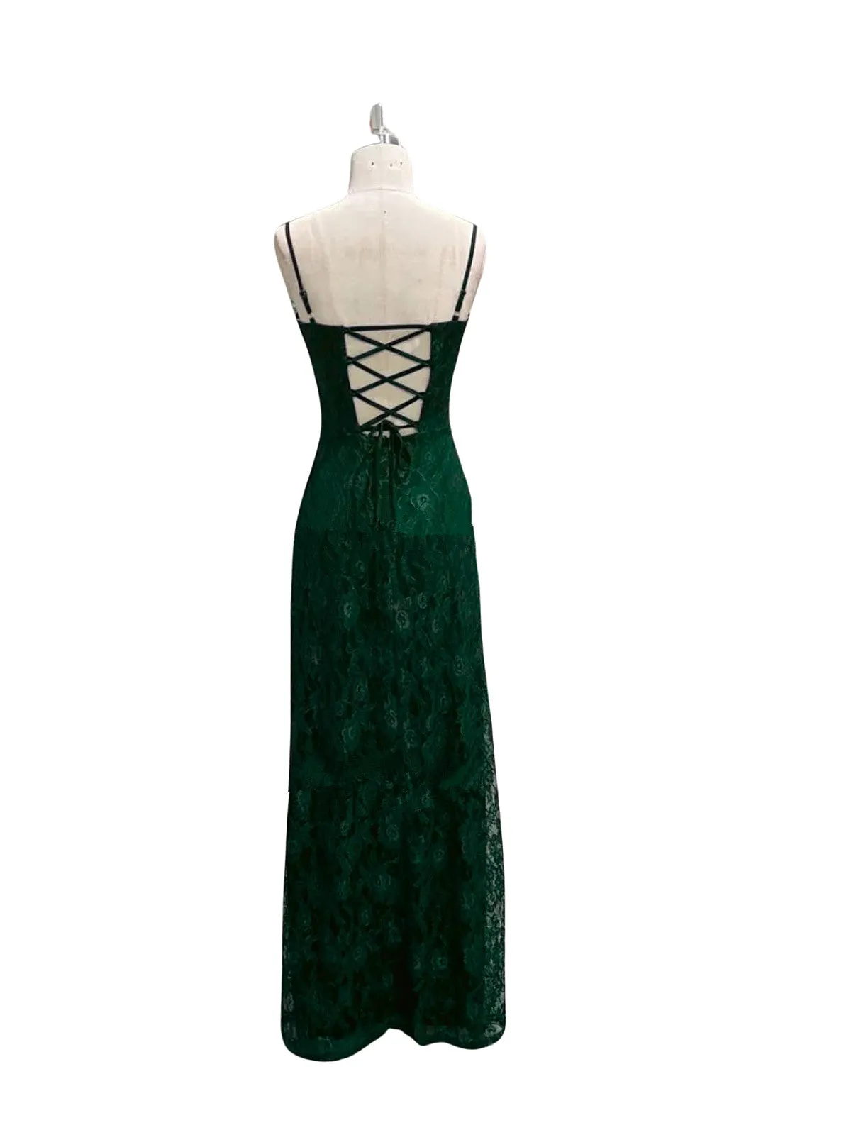 Green Lace V-neckline Lace Straps Long Prom Dress, Green Lace Party Dress