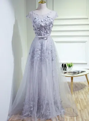 Grey A-line Tulle Long Prom Dress, Party Dress , Grey Bridesmaid Dress