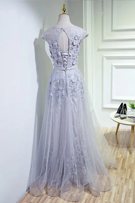 Grey A-line Tulle Long Prom Dress, Party Dress , Grey Bridesmaid Dress
