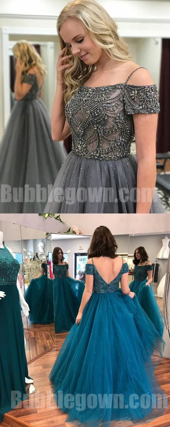 Grey Off the Shoulder Beaded Top Tulle Charming Long Evening Prom Dress, BGP055