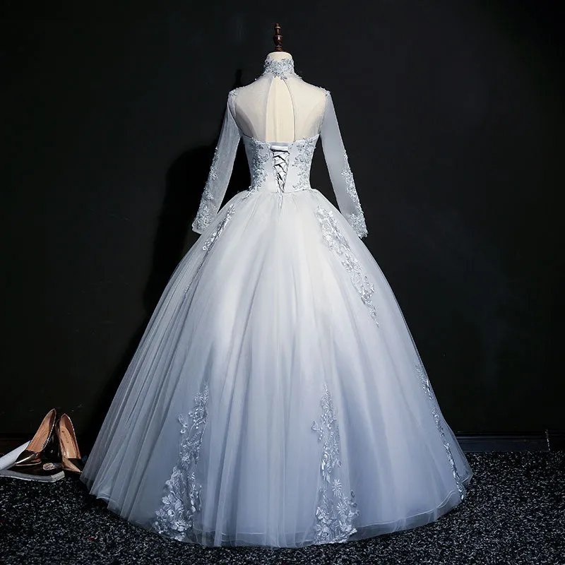 Grey Tulle Long Sleeves Sweetheart Party Dress, Long Evening Gown