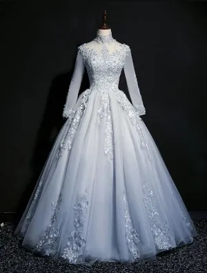 Grey Tulle Long Sleeves Sweetheart Party Dress, Long Evening Gown