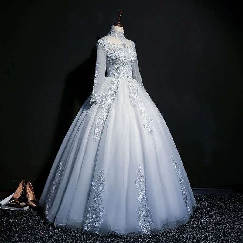 Grey Tulle Long Sleeves Sweetheart Party Dress, Long Evening Gown