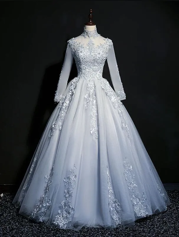 Grey Tulle Long Sleeves Sweetheart Party Dress, Long Evening Gown