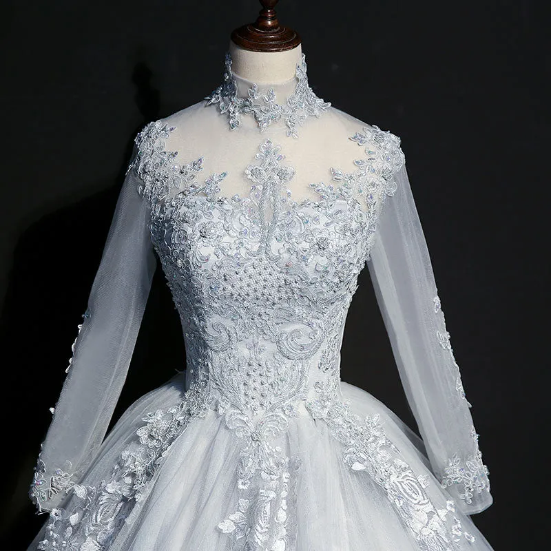 Grey Tulle Long Sleeves Sweetheart Party Dress, Long Evening Gown