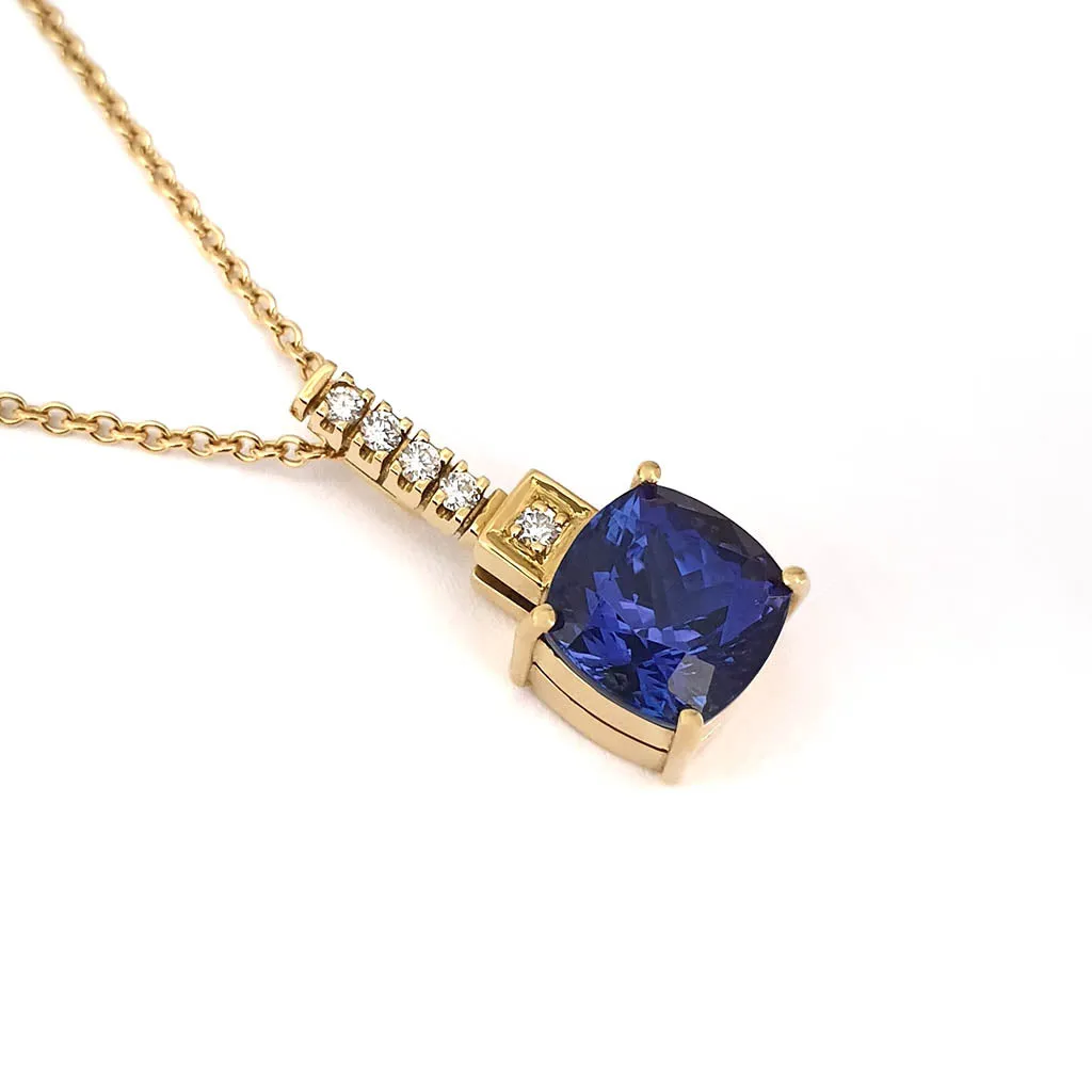 Handcrafted Cushion Cut Tanzanite Yellow Gold Pendant with Diamond Bale Detail