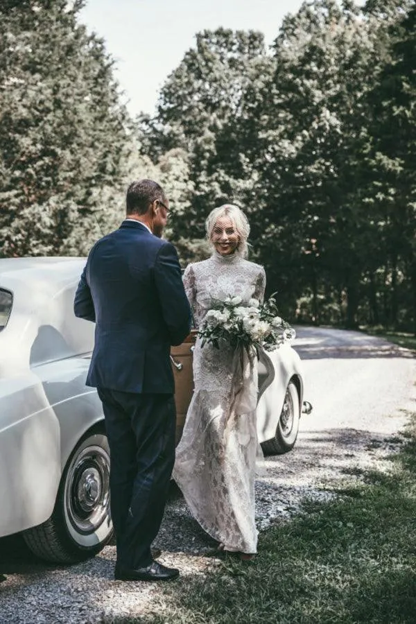 High Neck Boho Long Sleeves Lace Wedding Dresses With Open back TN307